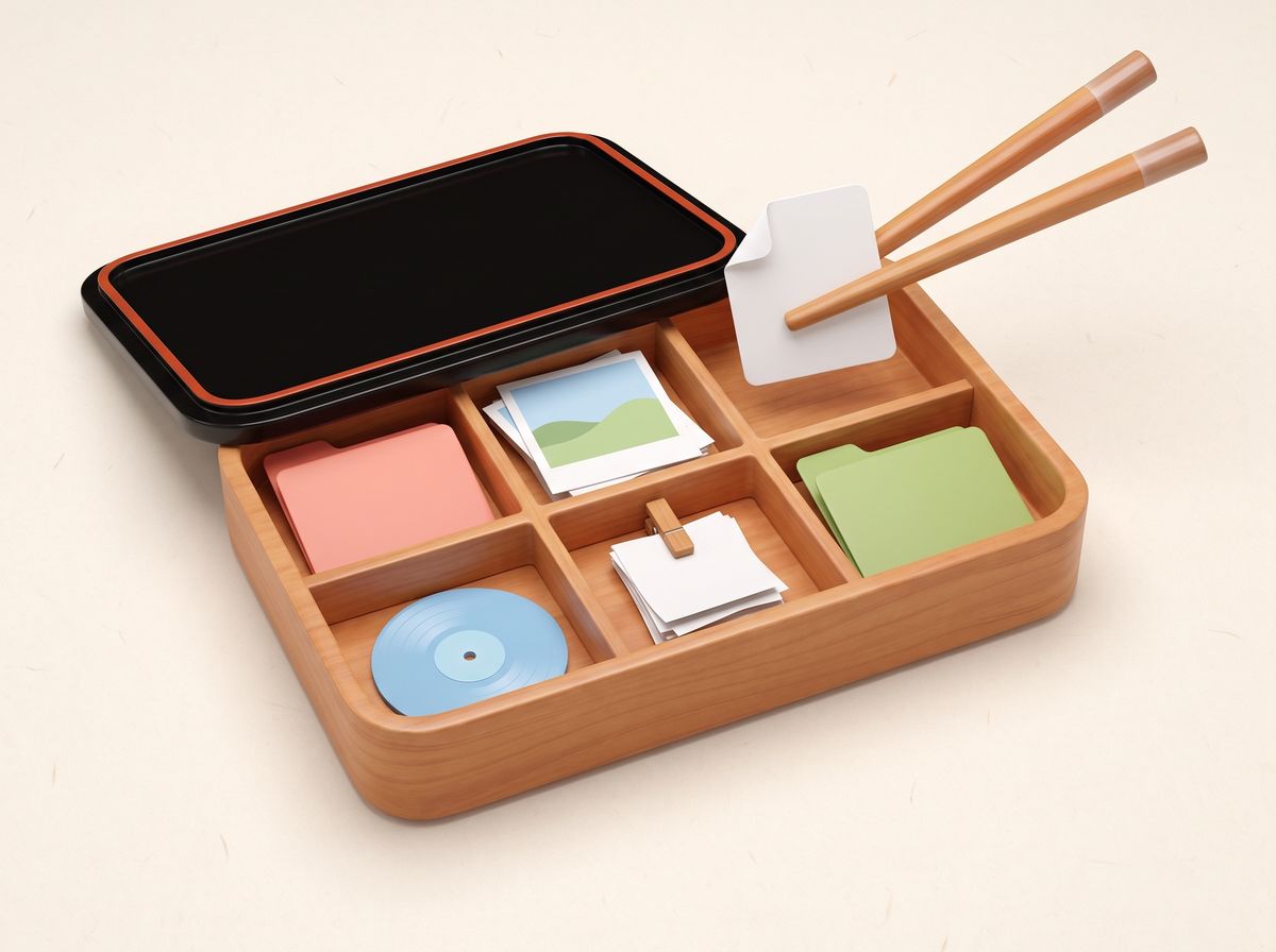 Illustration: an open wooden bento tray with six compartments, holding a salmon-pink folder, a stack of photo prints, a green folder, a blue record and a clipped bundle of receipts. Chopsticks hold a white document above the last empty compartment. The black lacquer lid leans behind the tray.
